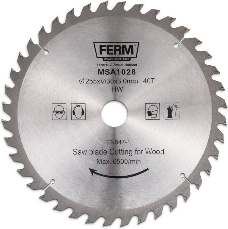 FERM MSA1028 Zaagblad 255x30 16mm T40 TCT tanden Diameter: 255mm Asgat: 30mm 16mm Universeel Voor het zagen van Hout Zeer geschikt voor MSM1040 MSM1038 Radiaal afkortzaag