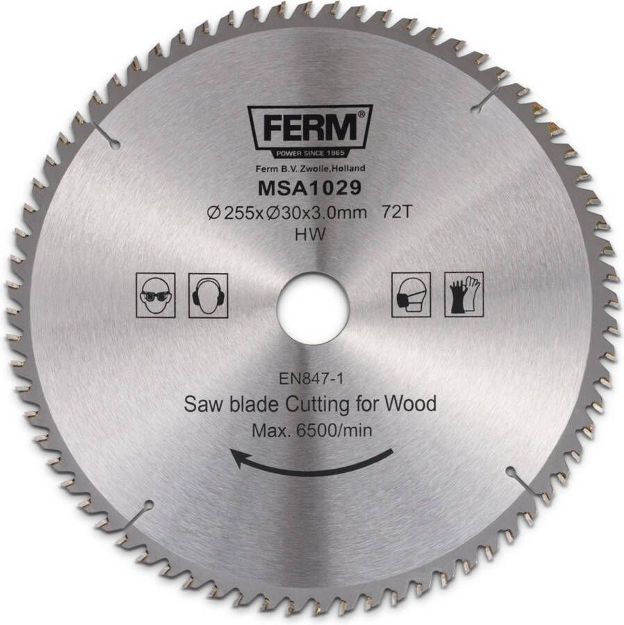 FERM MSA1029 Zaagblad 255x30 16mm T72 TCT tanden Diameter: 255mm Asgat: 30mm 16mm Universeel Voor zagen van Hout Zeer geschikt voor MSM1038 MSM1040 Radiaal afkortzaag