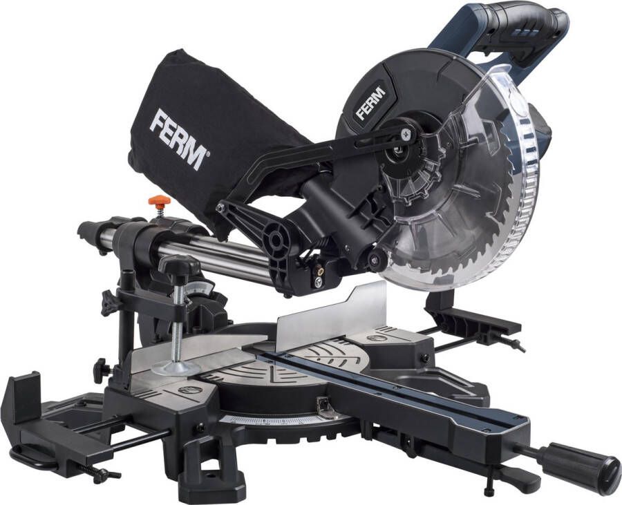 FERM MSM1039 Radiaal Afkortzaag Verstekzaag 1500W Ø210mm – 45° verstek Kantelbaar Lasergeleiding – Zaagcapaciteit 70x305mm incl. 48T TCT zaagblad 2 zijsteunen Stofzak Stofzuigeraansluiting Verstekzaag Afkortzaag