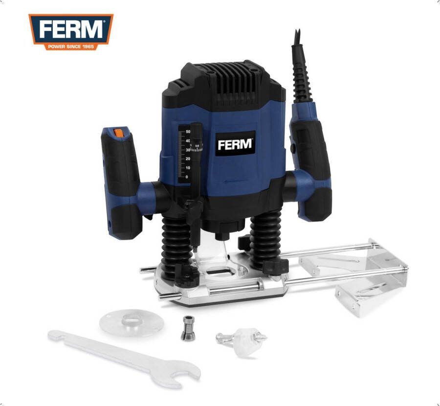 FERM PRM1022 Bovenfrees -55mm freesdiepte 1200W met 6mm én 8mm spantang Variabele snelheid 16.000 30.000 t min Stofzuiger aansluiting 3m kabel Ergonomisch model- met 3 Frezen Kopieerring Parallelgeleider Passerpunt