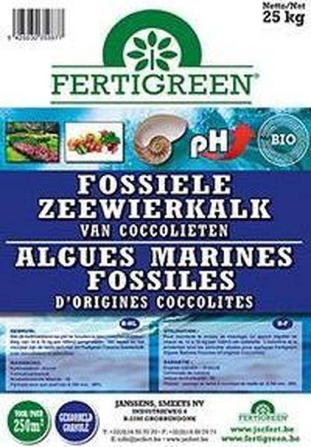 Fertigreen Fossiele Zeewierkalk 20kg – hoge reactiviteit – werkt snel – voedingselementen worden beter en efficiënter opgenomen – kan gebruikt worden in de siertuin op gazons en in vijvers – creëert een luchtige bodemstructuur