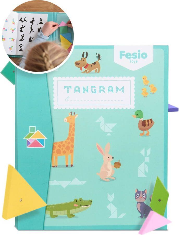 Fesio Tangram Puzzel Magnetisch voor Peuters en Kleuters Puzzelboek Magneetboek Houten Vormenpuzzel Turquoise