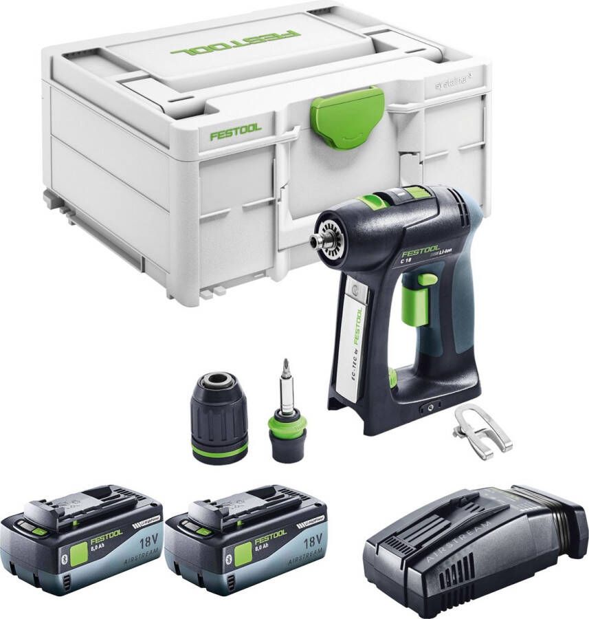 Festool C 18 Basic accuschroefboormachine 18 V 45 Nm borstelloos + 2x accu 8.0 Ah + snellader + systainer