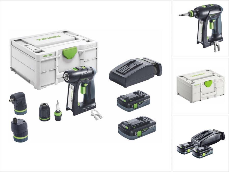 Festool C 18 HPC 4.0 l set accuschroefboormachine 18 V 45 Nm borstelloos ( 576993 ) + 2x accu 4.0 Ah + lader + excenteropzetstuk + hoekopzetstuk + systainer
