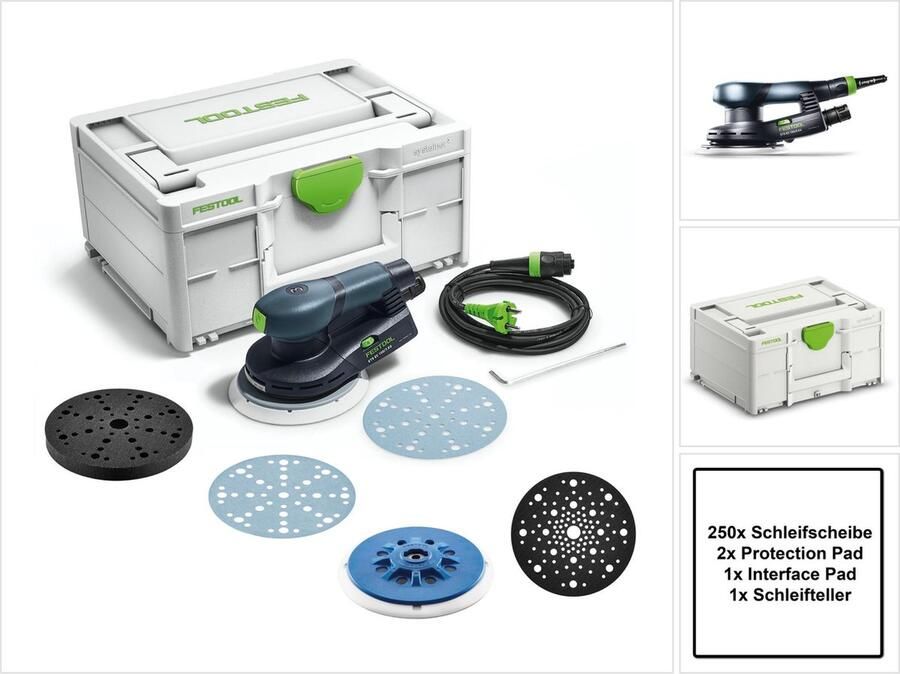 Festool ETS EC150 3 EQ-Plus excenterschuurmachine 400 W 150 mm borstelloos + 250x schuurschijven + 2x beschermpad + steunschijf + schuurschijf + systainer