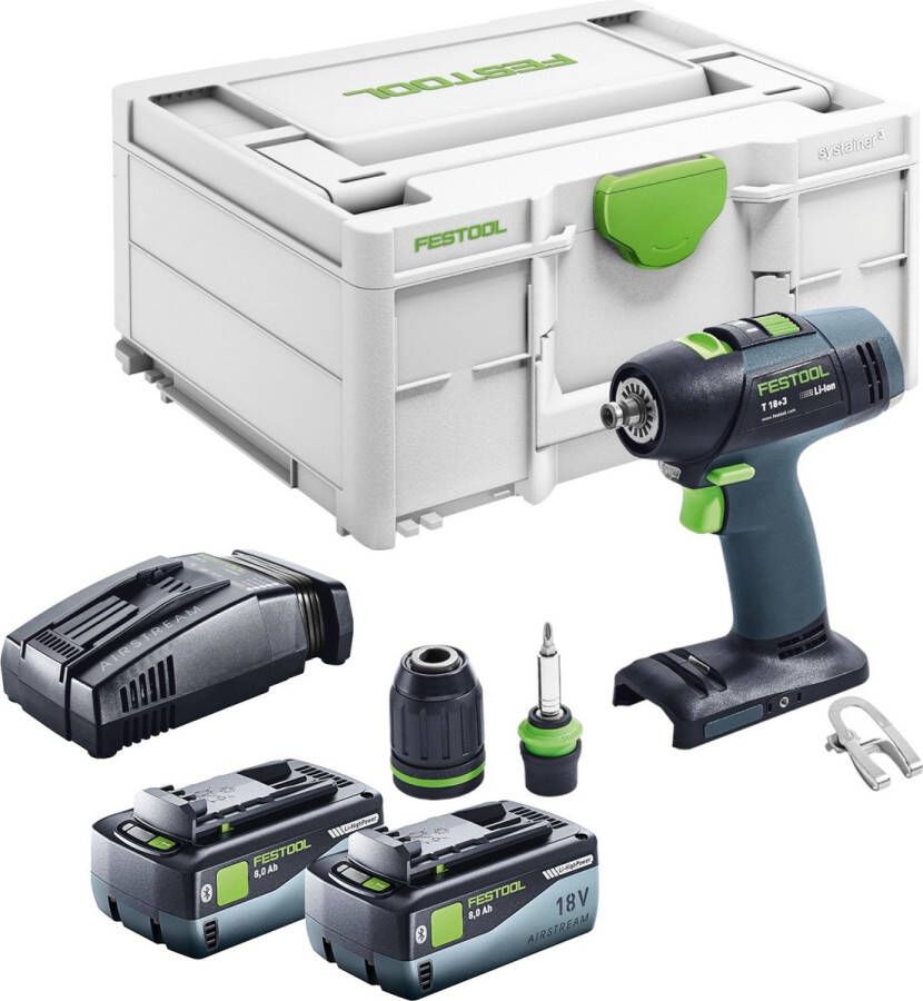 Festool T 18+3 Basic accuschroefboormachine 18 V 50 Nm borstelloos + 2x accu 8.0 Ah + snellader + systainer