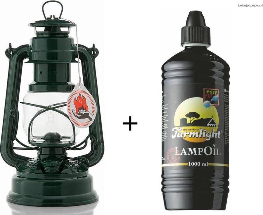 Feuerhand 276 Olielamp Stormlamp Stormlantaarn Mosgroen + 1liter Farmlight lampolie