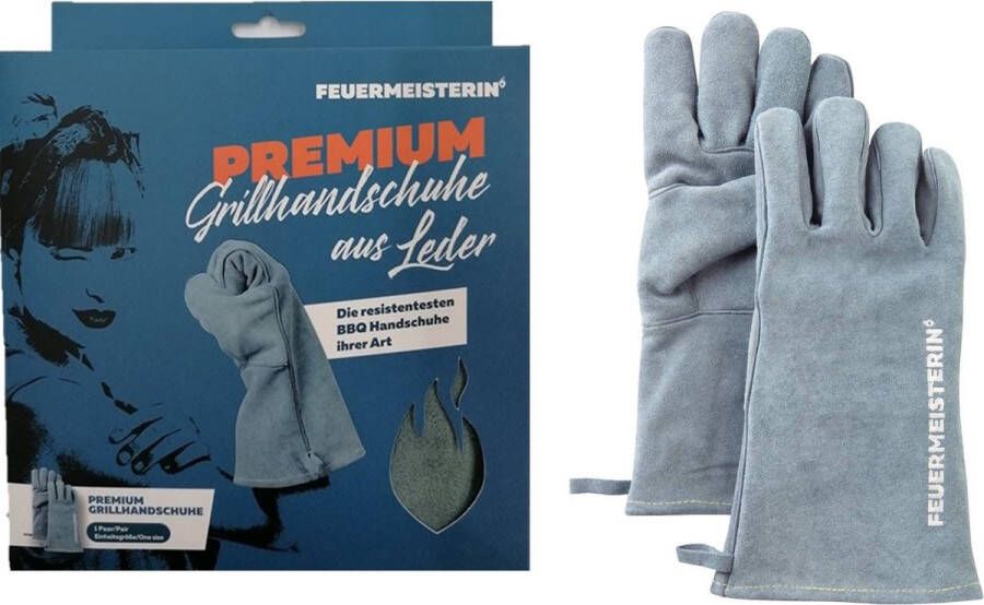 FEUERMEISTERIN Premium Leren BBQ Handschoen Grijs-Blauw BBQ Hanschoenen Hittebestendig Ovenwanten