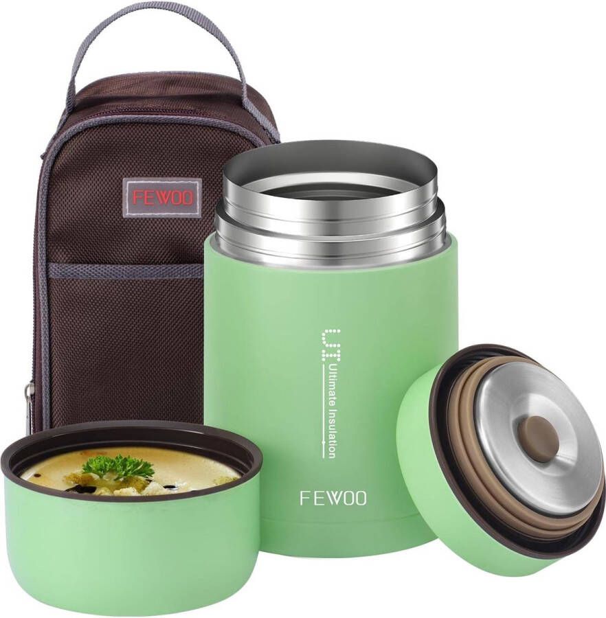 FEWOO Geïsoleerde voedselcontainers roestvrij staal 800 ml Lunchbox bpa-vrij geïsoleerd met zak (groen)