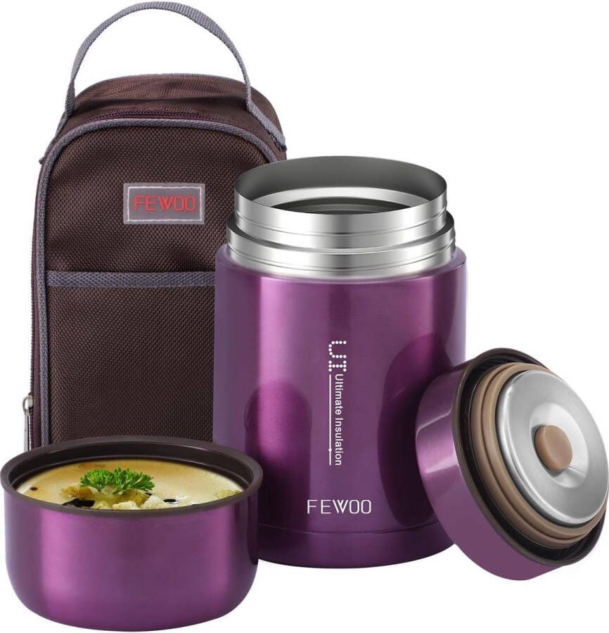 FEWOO Geïsoleerde voedselcontainers roestvrij staal 800 ml Lunchbox BPA-vrij geïsoleerd met zakje (Paars)