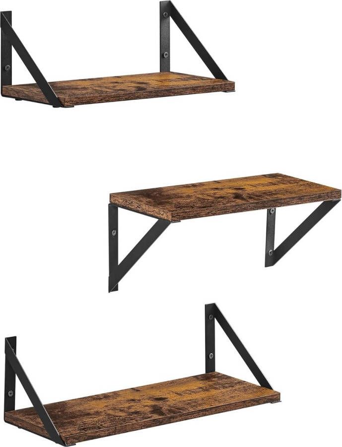 Ff Wandplank set van 3 zwevende plank hoogglans afwerking voor decoratieve voorwerpen fotolijsten slaapkamer woonkamer keuken en badkamer vintage bruin-zwart LWS442B01