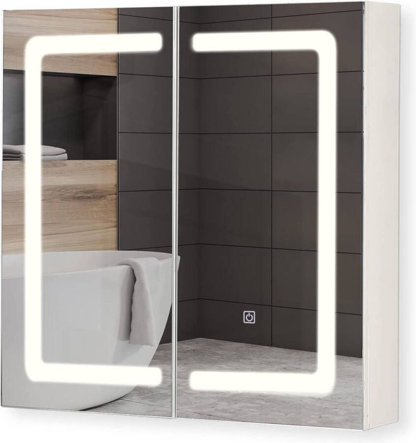 FFE Badkamerspiegel met led verlichting Badkamerkast Badkamerspiegelkast Wandkast Met deuren Warm wit Koel wit 65 x 65 x 13 cm Wit