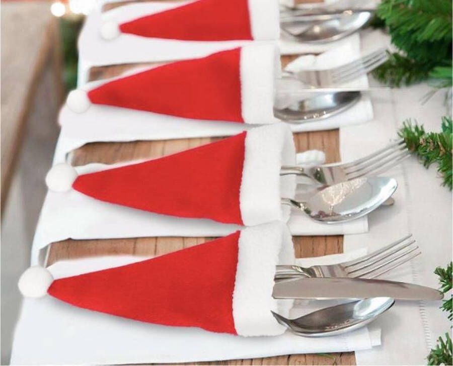 FG Luxe kerst Bestekhouder | 13 cm | Rood | Wit | kerstmuts| Kerst tafel decoratie | Kerst | 2 stuks | Kadotip