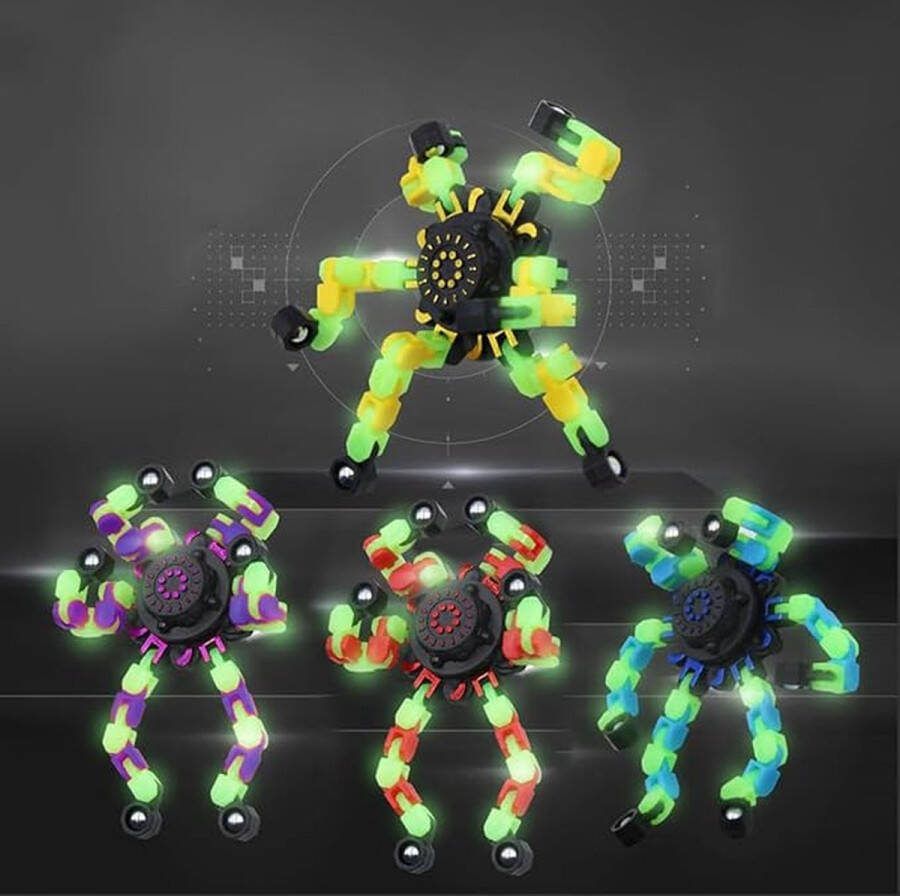 FidgetFun 4 stuks fidget spinners doe-het-zelf transformable chain robot vingerspinner in het donker oplichtend vervormbaar creatief mechanisch gyro-speelgoed stressvermindering
