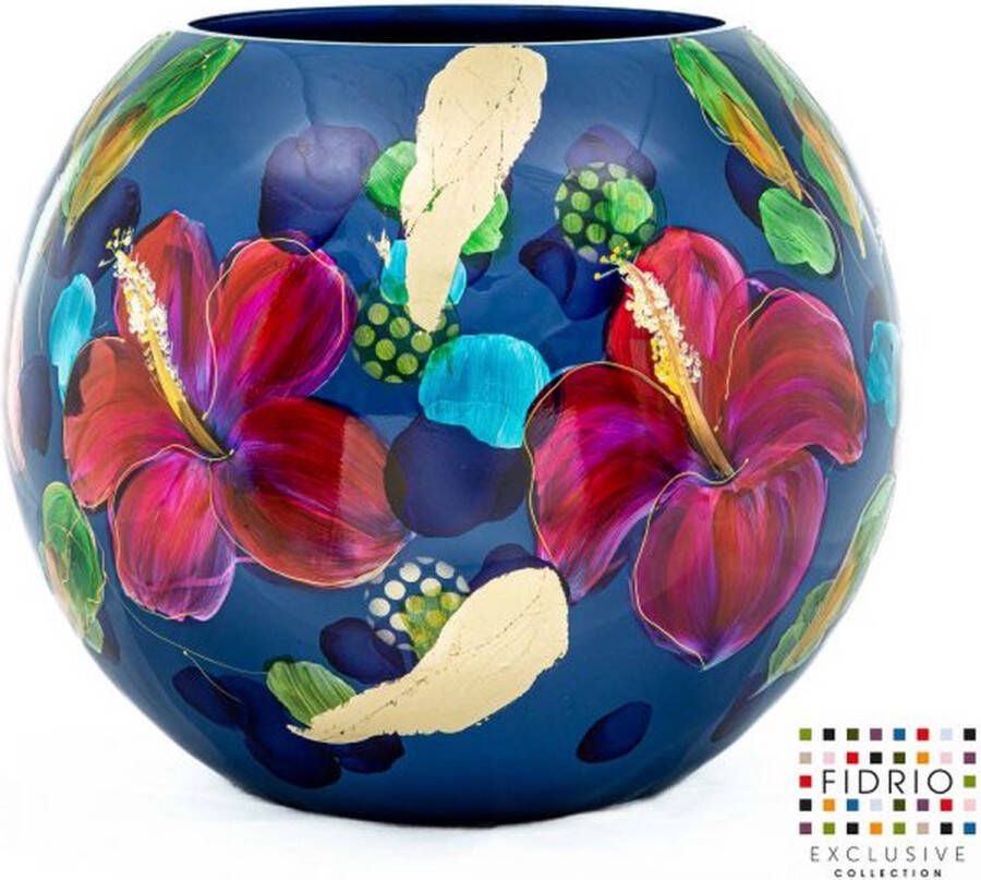 Fidrio Design Vaas Bolvase HANDPAINTED HIBISCUS glas mondgeblazen bloemenvaas hoogte 40 cm