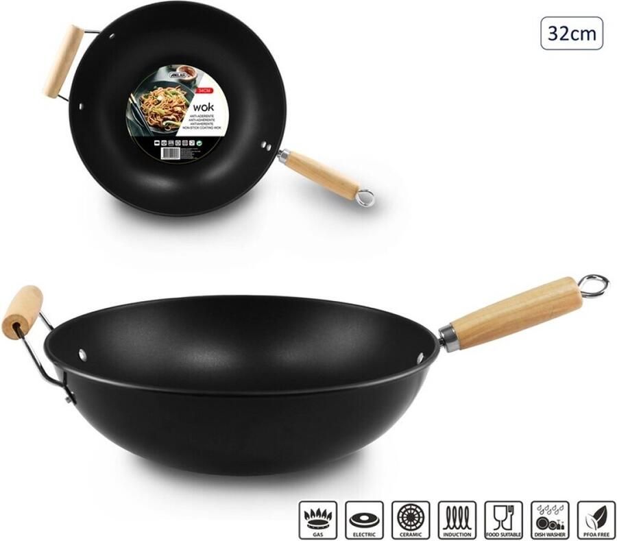 Fieldagold Professionele Wokpan 32 cm Diameter Zwart Hout Premium Anti-aanbak Technologie Geschikt voor Alle Kookplaten inclusief Inductie Wok