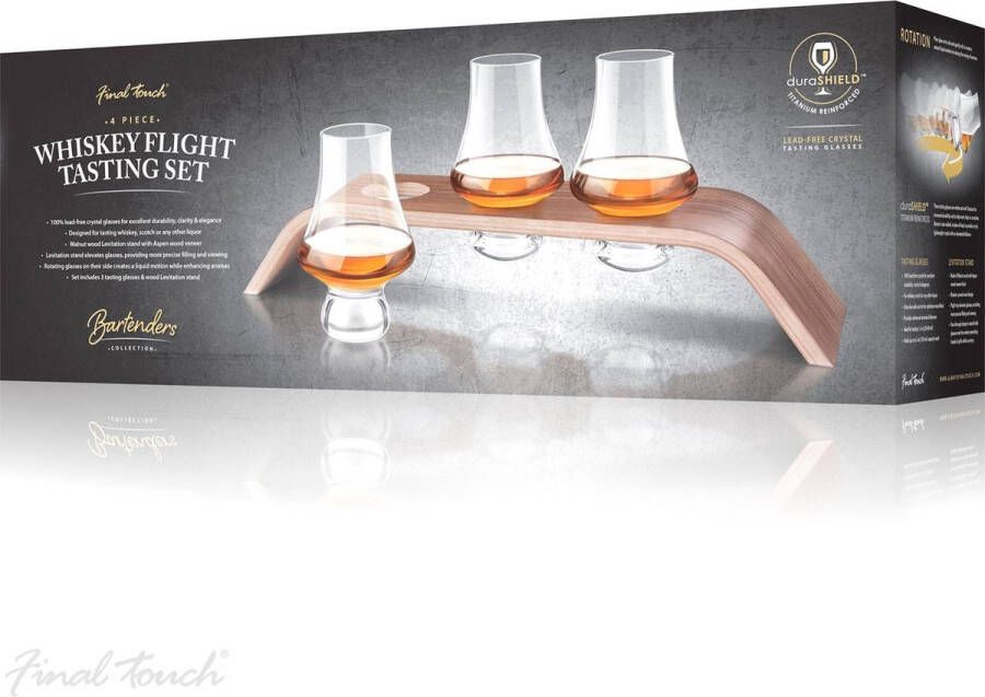 Final Touch Whiskyglas Flight Tasting set 3 glazen met houten whiskyglashouder