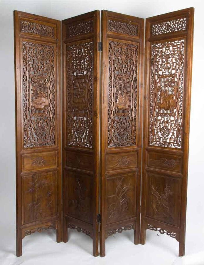 Fine Asianliving Antieke Chinese Kamerscherm 4 Panel Handgesneden Bruin 19e Eeuw B180xH200cm