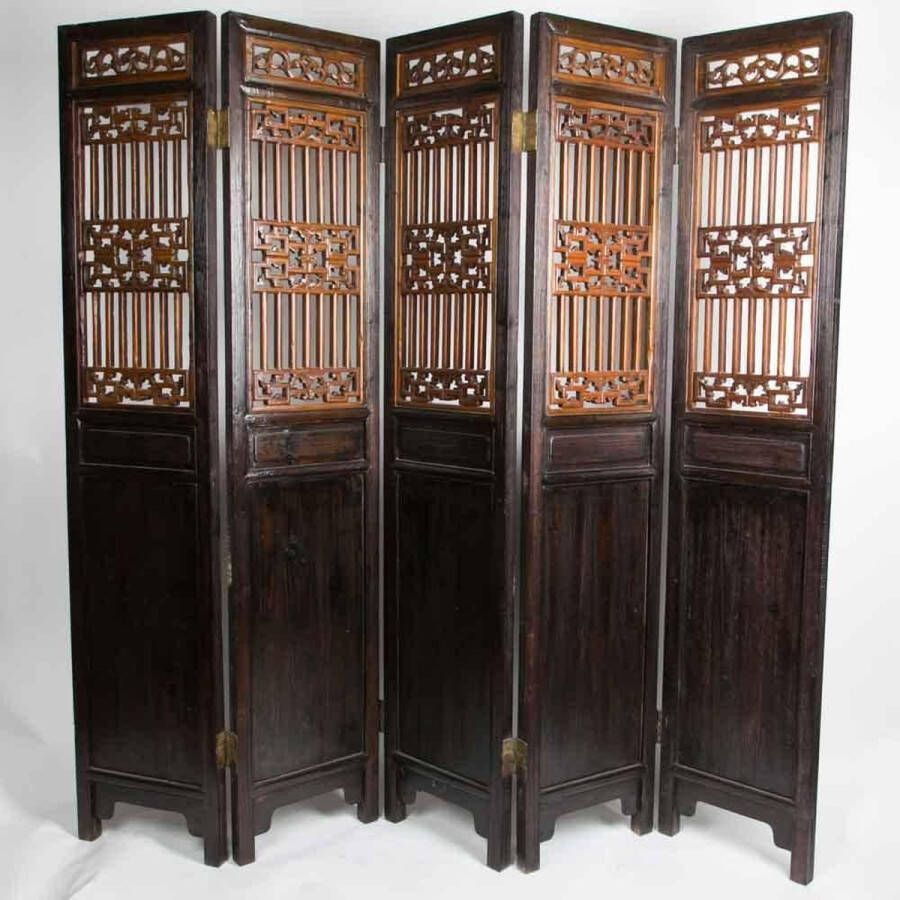 Fine Asianliving Antieke Chinese Kamerscherm Handgesneden 5 Panelen 19e Eeuw B220xH200cm