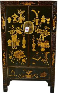 Fine Asianliving Antieke Chinese Kast Handgeschilderd Goud met Zwart B85xD45xH150cm Chinese Meubels Oosterse Kast