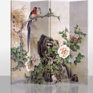 Fine Asianliving Chinees Kamerscherm B160xH180cm 4 Panelen Vogels en Mudan Pioenen