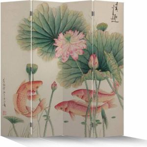 Fine Asianliving Chinees Kamerscherm Oosters Scheidingswand B160xH180cm 4 Panelen Lotus met Karpers