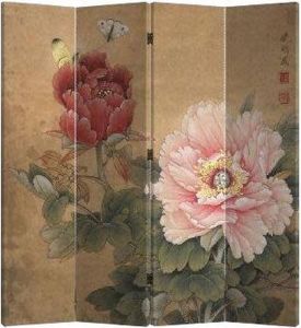 Fine Asianliving Chinees Kamerscherm Oosters Scheidingswand B160xH180cm 4 Panelen Mudan en Vlinders Vintage