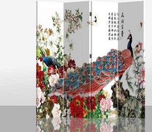 Fine Asianliving Chinees Kamerscherm Oosters Scheidingswand B160xH180cm 4 Panelen Rode Pauw met Bloemen