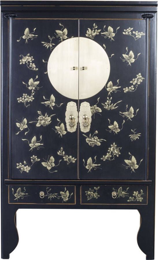 Fine Asianliving Chinese Bruidskast Handgeschilderde Vlinders Onyx Zwart Orientique Collection B100xD55xH175cm Chinese Meubels Oosterse Kast