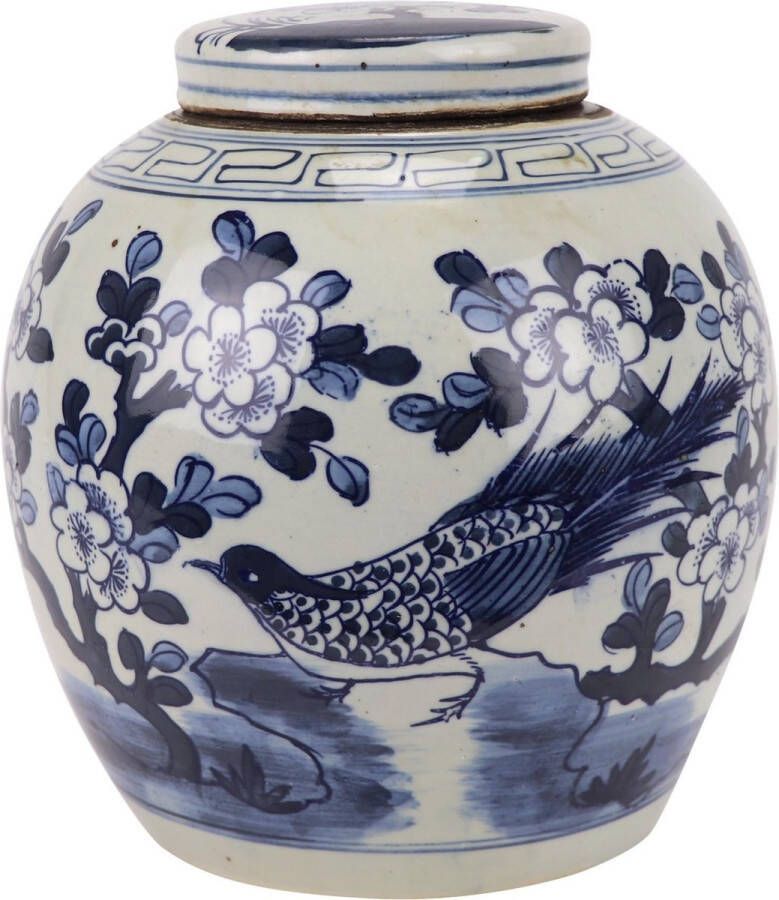 Fine Asianliving Chinese Gemberpot Blauw Wit Porselein Handgeschilderd Vogels D30xH30cm