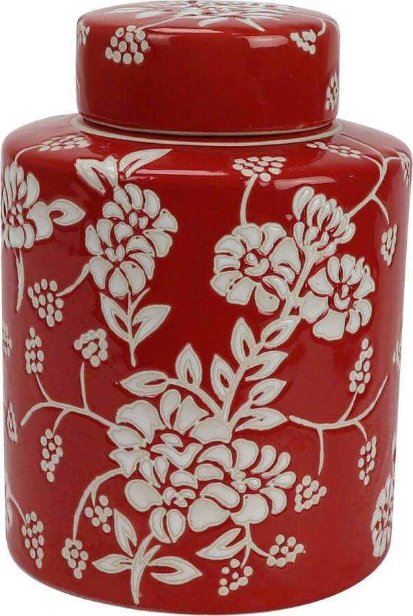 Fine Asianliving Chinese Gemberpot Porselein Rood Bloemen Handgeschilderd D14xH20cm