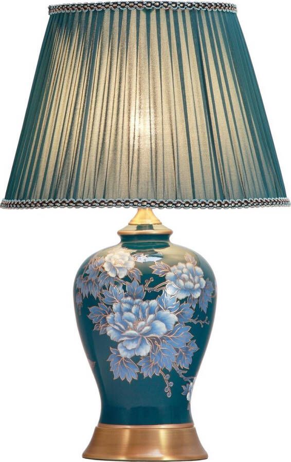 Fine Asianliving Chinese Tafellamp Handgeschilderde Pioenrozen Bronzen Voet D33xH53cm
