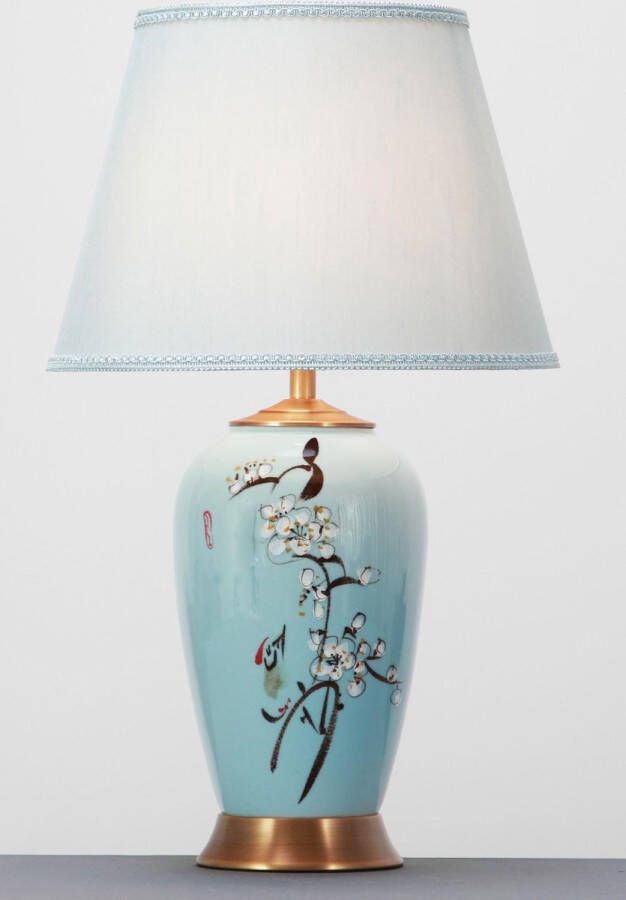 Fine Asianliving Chinese Tafellamp Handgeschilderde Witte Bloesems D36xH61cm