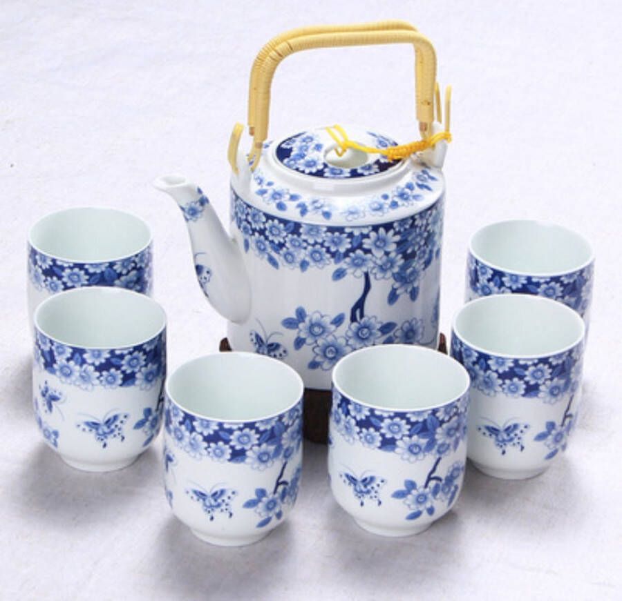 Fine Asianliving Chinese Theeservies Set 7 Porselein Bloemen Vlinders Blauw Wit