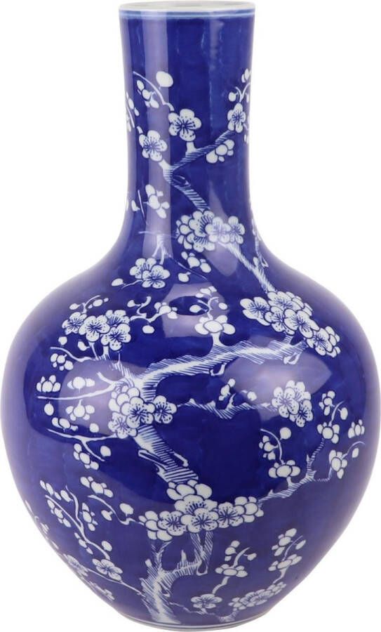 Fine Asianliving Chinese Vaas Porselein Blauw Handgeschilderd Bloesems D22xH36cm