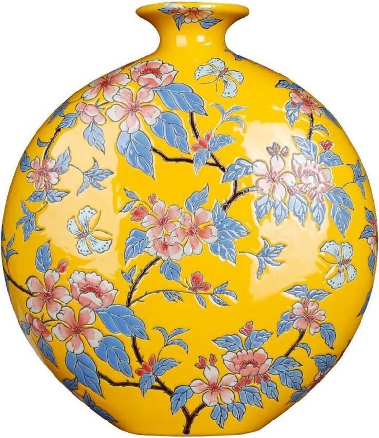 Fine Asianliving Chinese Vaas Porselein Geel Bloemen Handgeschilderd B32xD12xH34cm