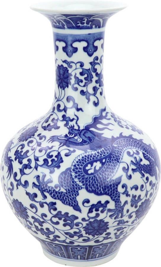 Fine Asianliving Chinese Vaas Porselein Blauw-Wit Handgeschilderd Draak D22xH35cm
