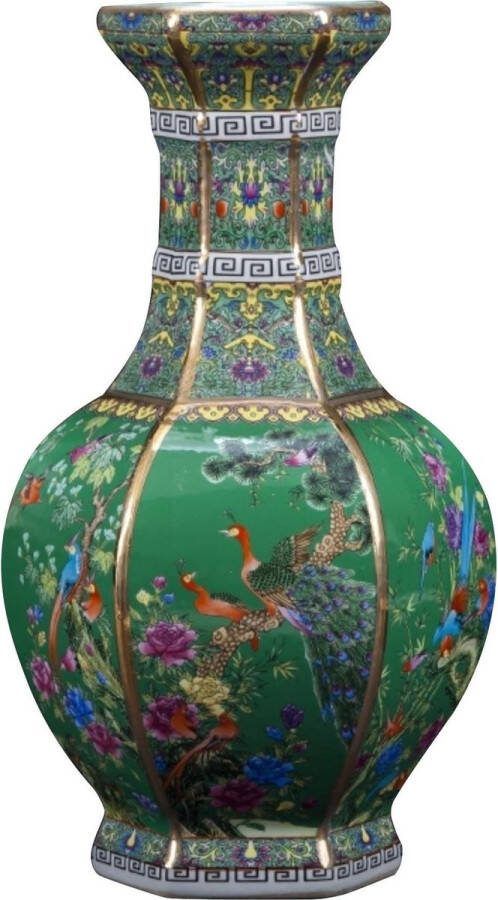 Fine Asianliving Chinese Vaas Porselein Bloemen Vogels Groen D19xH32cm