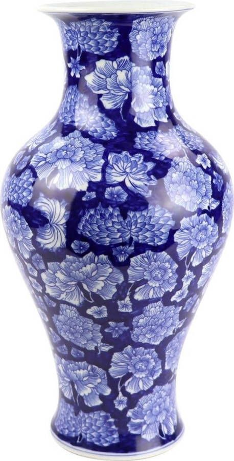 Fine Asianliving Chinese Vaas Porselein Handgeschilderde Pioenen Marineblauw D19xH36cm