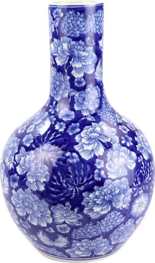 Fine Asianliving Chinese Vaas Porselein Handgeschilderde Pioenen Marineblauw D22xH35cm