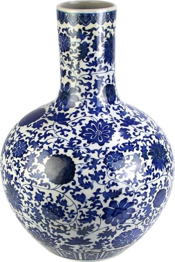 Fine Asianliving Chinese Vaas Porselein Lotus Handgeschilderd Blauw-Wit D32xH46cm