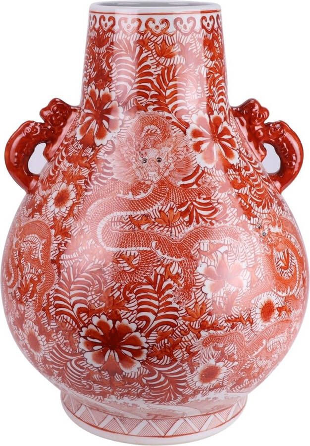 Fine Asianliving Chinese Vaas Porselein Rood Draak Handgeschilderd D36xH50cm