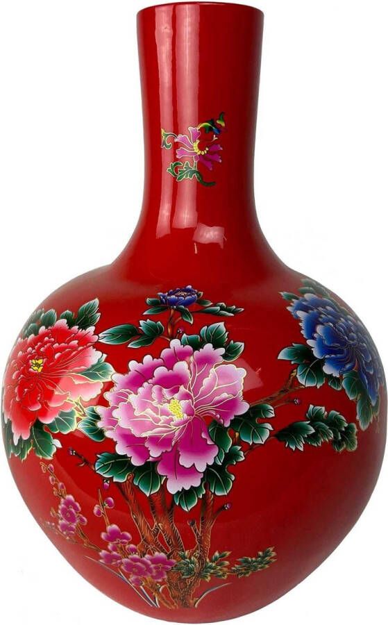 Fine Asianliving Chinese Vaas Rood Bloemen Pioenen Handgemaakt D41xH57cm