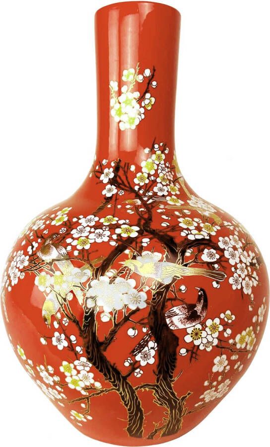 Fine Asianliving Chinese Vaas Rood Bloesems Handgemaakt D24xH36cm