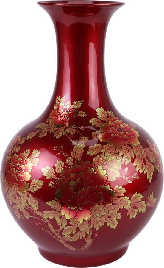 Fine Asianliving Chinese Vaas Porselein Rood Goud Pioenen Handgemaakt Aurore D25xH39cm