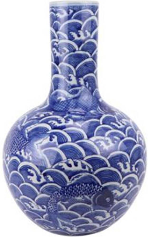 Fine Asianliving Grote Chinese Vaas Blauw Wit Koi Vissen Handgeschilderd L28xH43cm