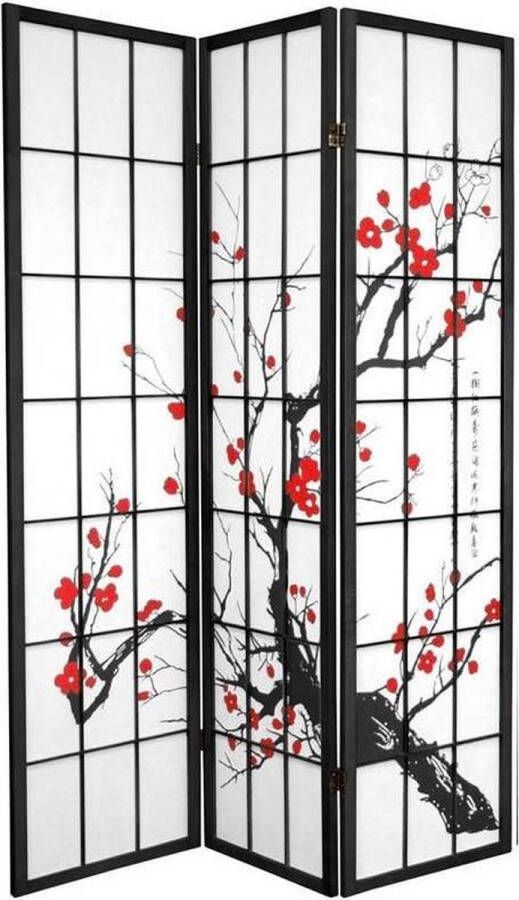 Fine Asianliving Japanse Kamerscherm B135xH180cm 3 Panelen Shoji Rijstpapier Zwart Sakura