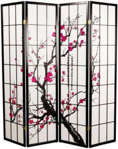 Fine Asianliving Japanse Kamerscherm B180xH180cm 4 Panelen Shoji Rijstpapier Zwart Sakura