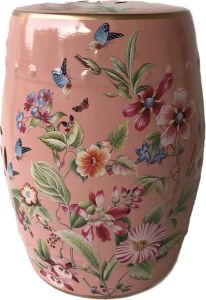 Fine Asianliving Keramische Kruk Roze Bloemen Handgemaakt Fiora D30xH45cm Keramiek Bijzettafel Porselein Stoel Tuinkruk
