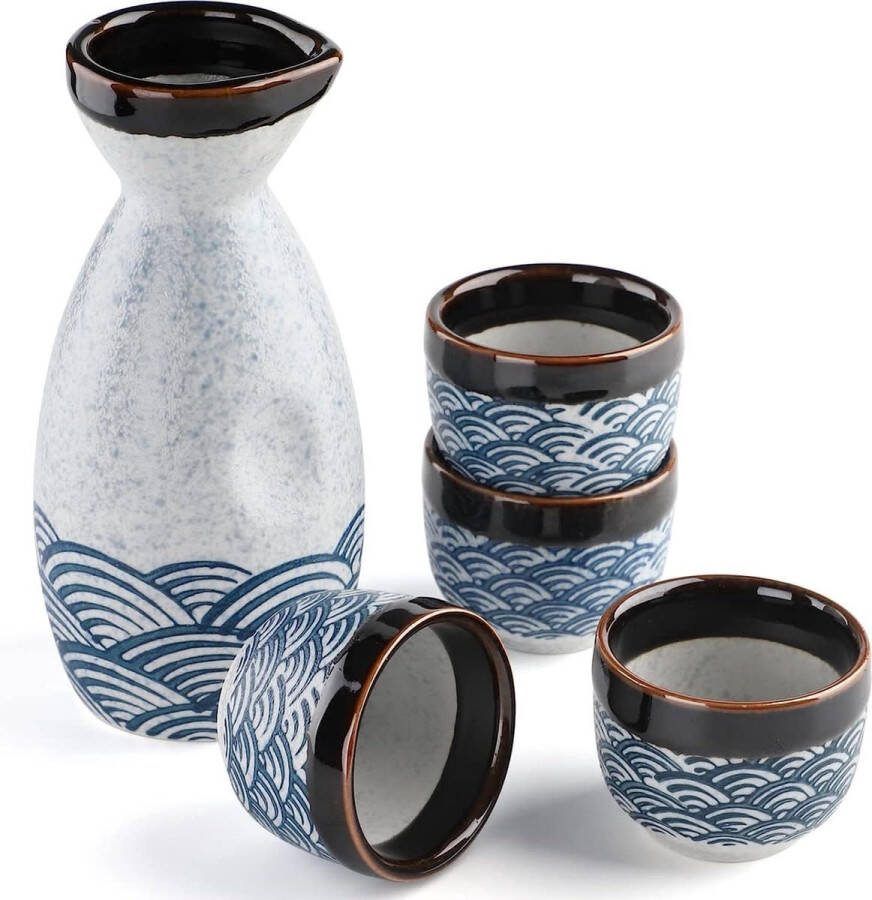 Fine Asianliving Sake Set Giftbox Blauw Golven Handgemaakt Miyako Set 5 Japanse Sake Set Sake Servies Sakefles Sake kopjes